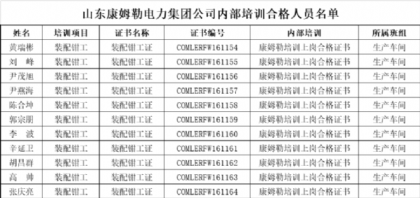山東康姆勒電力集團(tuán)公司內(nèi)部培訓(xùn)合格人員名單